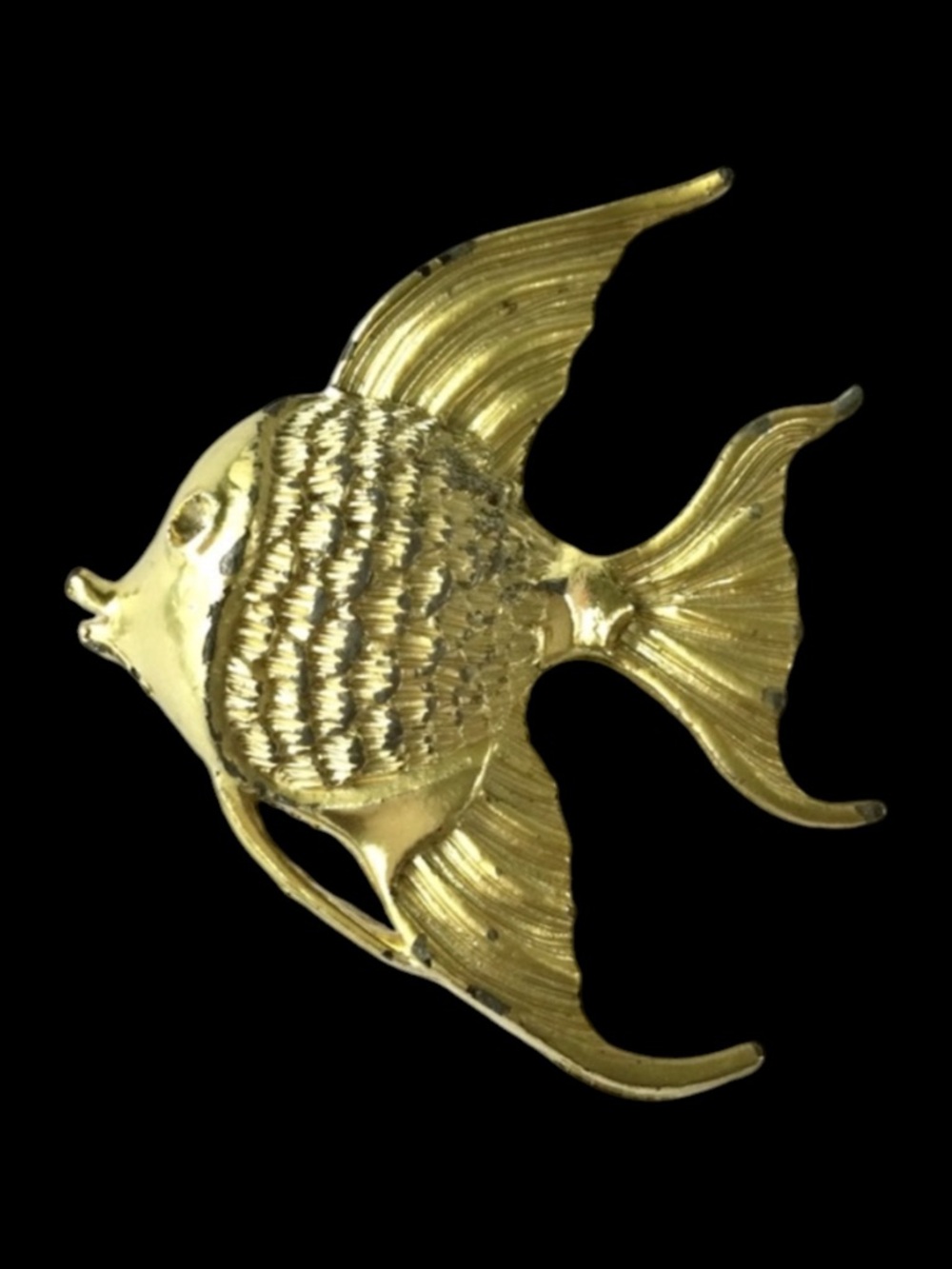 Vintage Satin Gold‑Tone Angelfish Brooch – Mid‑Century Modernist Sculptural Pin